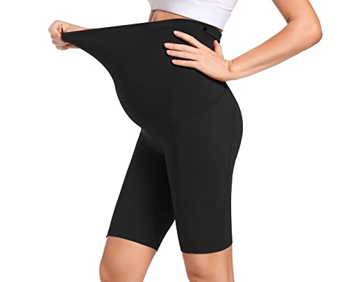 Foucome Women's Maternity Maternity Biker Shorts Over The Belly Active Lounge Yoga Shorts 9" Workout Running Athletic Short Pants (Black, L) #TOP1