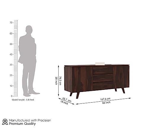 Image of Solid Sheesham Wood Wooden Sideboard Storage Cabinet & Chest of Drawer : Ideal for Living Room and Bedroom with 3 Drawers and 2-Shelf Storage(Hamlet, Walnut Finish)