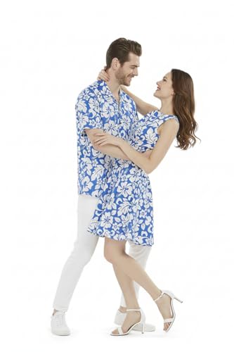 Image of Couple Matching Hawaiian Luau Men Shirt and Women Vintage Fit and Flare Dress in Classic Vintage Hibiscus