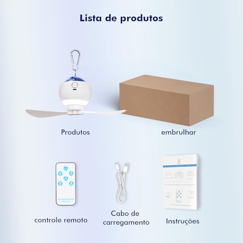 Portátil e Leve Ventilador de Teto com Controle Remoto, Ventilador de Teto com Lâmpada de Iluminação