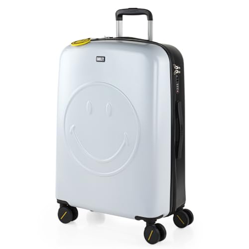 Smiley Originals   Maleta Mediana rígida con 4 Ruedas giratorias, Cierre Seguro Candado de Combinacion TSA y diseño Resistente, Apta para 23 Kilos Viajes Largos y escapad, Blanco Negro