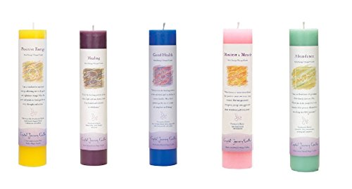 Crystal Journey Reiki Charged Herbal Magic Pillar Candle with Inspirational Labels - Set of 5 (Positive Energy, Healing, Good Health, Manifest a Miracle, Abundance) Each 7
