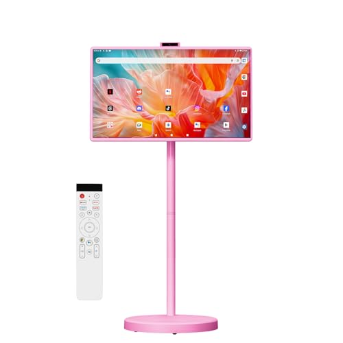 Image of VLH 32 Inch Portable Smart TV on Wheels, 1080P Touchscreen TV with Built-in 38,400mAh Battery, Android 15, 8GB RAM + 128GB Storage, 5MP Camera, Voice Remote for Bedroom, Kitchen, Office(Pink)
