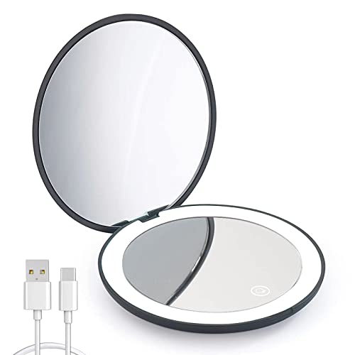 wobsion Wiederaufladbarer Kompaktspiegel, 1-fach/10-fache Vergrößerung, Kompaktspiegel mit Licht, dimmbarer LED-Reise-Make-up-Spiegel, tragbarer Spiegel für Handtasche, Geschenke für Mädchen, Schwarz Cover