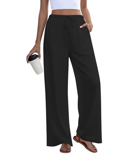 Anymeet Womens Soft Spring Pants Wide Leg Casual Drawstring High Waist Long