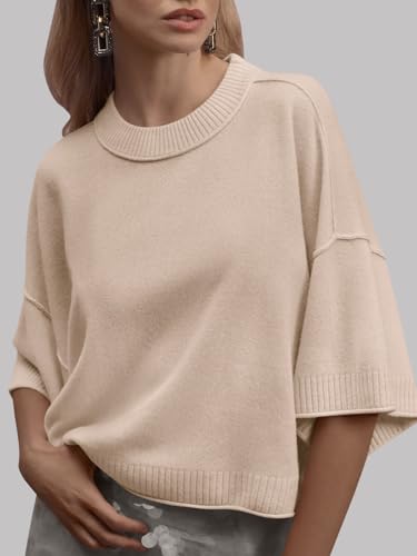 Image of Saodimallsu Womens Short Sleeve Sweater Summer Oversized Cropped Sweaters Casual Crewneck Lightweight Knit Tops