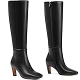 Tarkwa Kitten Heel Knee High Boots Women Square Toe Long Tall Boots Faux Leather Low Heel Boot Fashion Dress Casual Elastic Boots with Side Zipper(Black, Size 6)