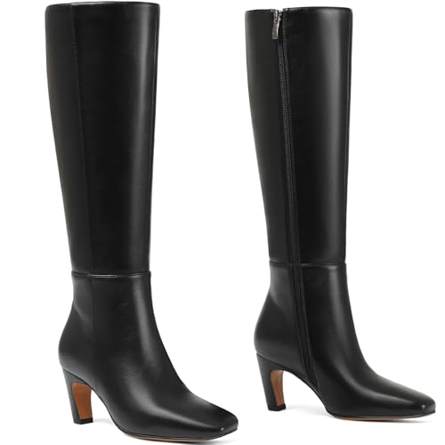 Tarkwa Kitten Heel Knee High Boots Women Square Toe Long Tall Boots Faux Leather Low Heel Boot Fashion Dress Casual Elastic Boots with Side Zipper(Black, Size 6)