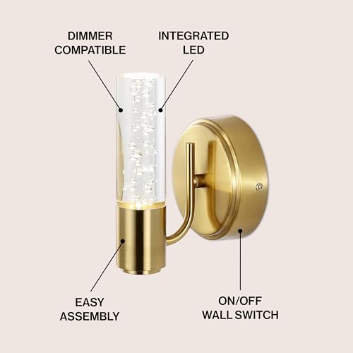 Image of JONATHAN Y 5.5 inch Brass Gold 1-Light Modern Integrated LED Vanity Light Wall Sconce for Bathroom, Clear Bubble Acrylic Shade Minimalist Art Deco Light for Hallway, Entryway, 4000K (JYL7222B)