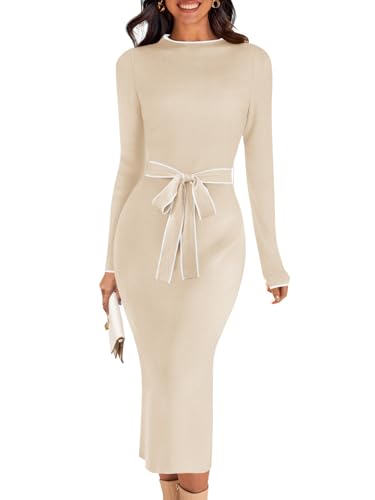 MEROKEETY Women's 2025 Long Sleeve Midi Sweater Dress Fall Mock Neck Color Block Tie Waist Bodycon Knit Dresses