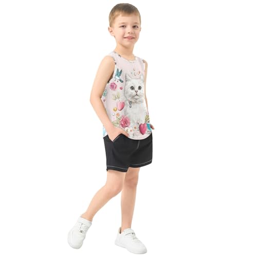 Bolaz Boys Athletic Quick Dry Tank Top Sleeveless Workout T Shirts Age 11-15,Cartoon Cat and Floral4