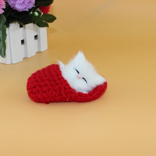 REBABA Sleeping Cat Doll, Fluffy Mini Kitten in Slipper with Meows Sounds, Plush Sleeping Cat for Easter Home Party Gift Decor (Rose Red)4