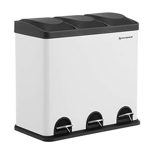 SONGMICS Cubo de Reciclaje 54L, Cubo de Basura, Cubo de Pedal de Acero con 3 Secciones, Cubos Internos, 6 Etiquetas de Clasificación, para una Fácil Separación de los Residuos, Blanco y Negro LTB54W