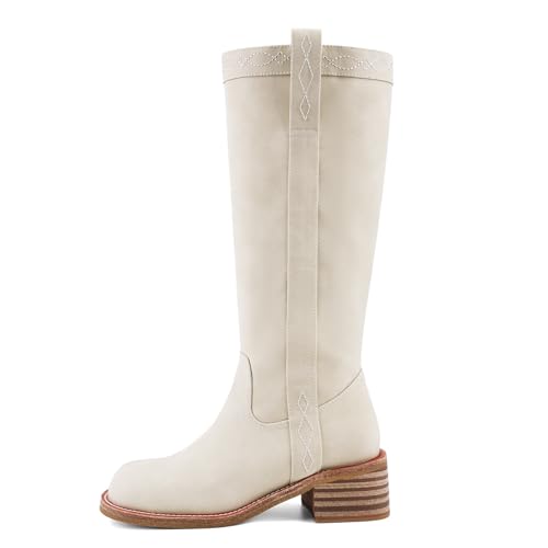 Image of UBWDU Women's Knee High Boots Chunky Block Heel Long Boots Square Toe Low Heel Boots for Women