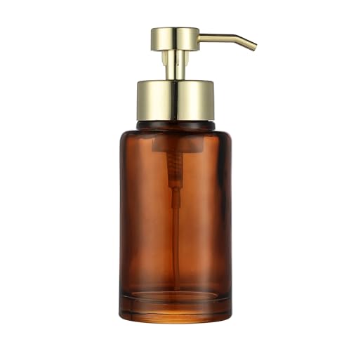 Image of H Halston Amber Glass Foaming Soap Pump Dispenser, Foaming Soap or Liquid handoap compatable, Durable, Refillable, Bathroom & Kitchen Countertop, Bathroom, Home Decor (Amber Glass with Gold Pump top)