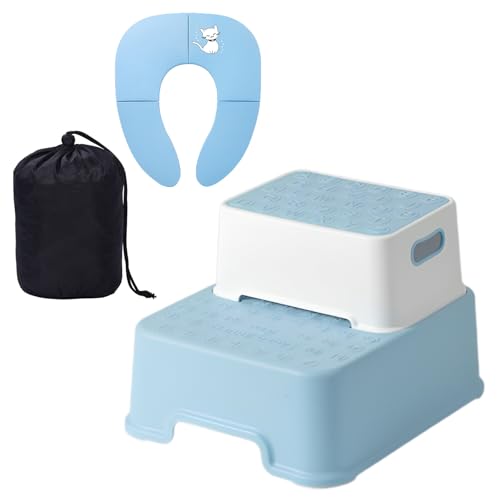 LINXAS 補助便座 おまる 折りたたみ トイレトレーニング 子供用 幼児用便座 キッズ用便座 子どもトイレ ベビー補助便座 (3WAY踏み台(ブルー)+(収納袋付き補助便座ネコちゃん・ブルー)セット)