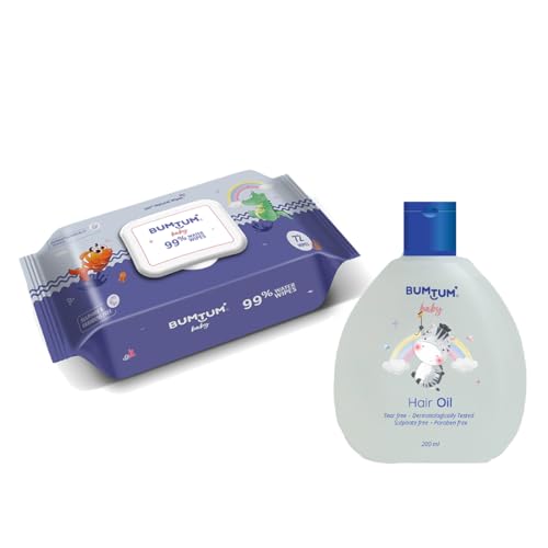 Bumtum Baby Gentle 99% Pure Water Wet Wipes With Lid – 72 Pcs.(Pack Of 1) & Baby Hair Oil (200 ML) Combo For Rs. 125