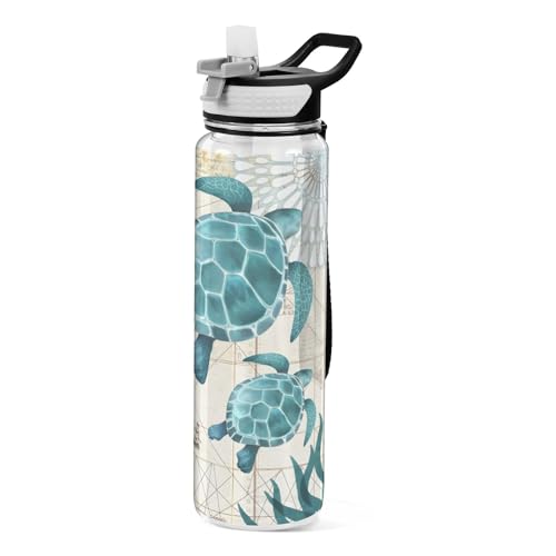 senya Vintage Ocean Sea Turtle Starfish Map Sport Water Bottle with Straw Tritan Clear Bottle for Outdoor Gym Travel