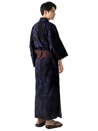 浴衣 セット メンズ [なごみや] 男物 浴衣 ワンタッチ 角帯 2点セット レトロ モダン シック かっこいい 高見え 夏祭り 夕涼み 花火 メンズ L ボタン_紺×赤紫の商品画像（Amazon）