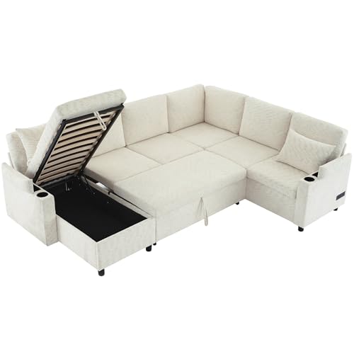 Image of ERYE 110-Inch U-Shaped Left Facing Sleeper Sectional Sofa Chenille Upholstered Corner Convertible Pull Out Sleeper Sofabed with Cupholders,Armrests Storage and USB Ports
