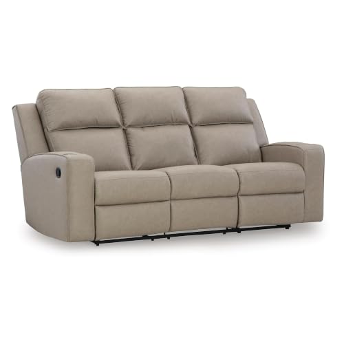 Image of Signature Design by Ashley Wall Hugger Reclining Sofa with Drop Down Table | Pebble gray faux leather, Contrast jumbo stitching, Drop down table with USB ports, 3 in wall distance, Lavenhorne Series