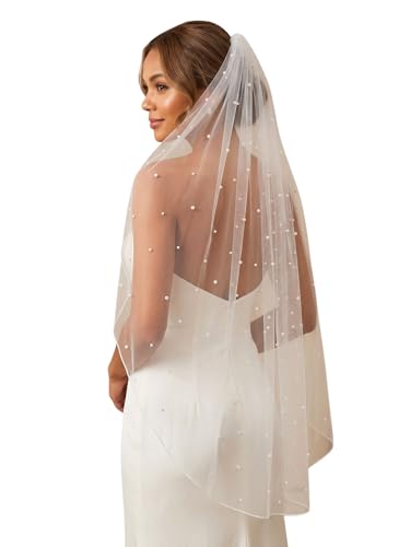 Ophea Veily Pearl Veils With Pencil Edge Wedding Bridal Veil with Comb for Brides Fingertip Length White