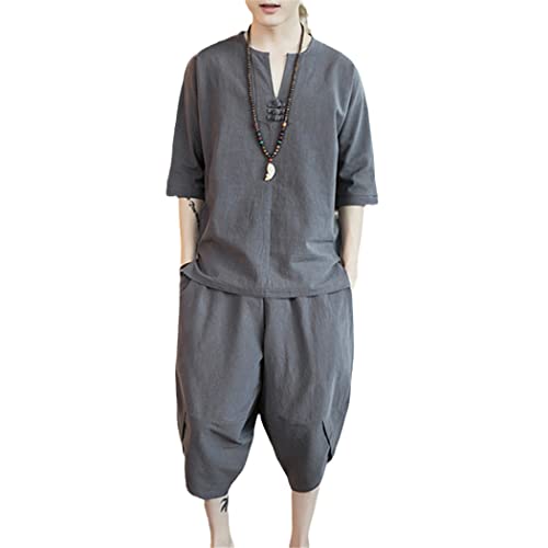 Ensemble en lin short chemise homme vêtement de plage respirant gris foncé
