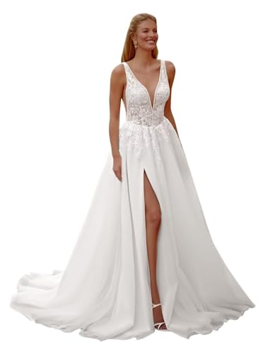 Lace Applique Sleeveless V Neck Wedding Dresses for Bride Long Beach Boho Slit A Line Tulle Bride Gowns