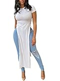 OPOIPIN Women's Crew Neck Split Slit Hem Short Sleeve Slim Fit Tee Top Long Shirt Tunic White Small