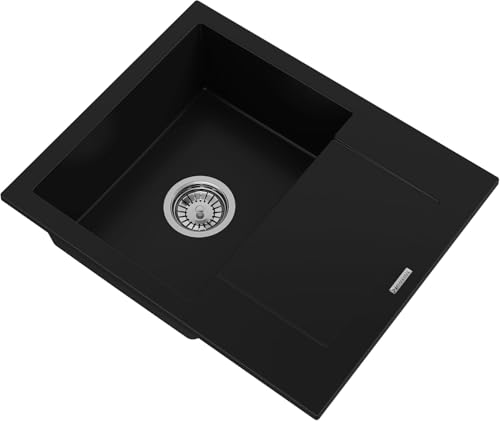 GRANITAN Spülbecken BELLO mit Siphon und Imprägnierung - Küchenspule Set - Modern Granitspüle 47x57cm - Waschbecken fur Küche mit Chrome Siphon - Schwarz