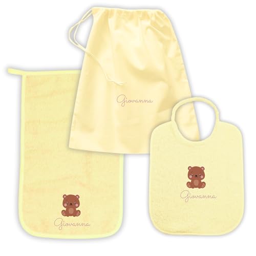 MAYRA Set Asilo Nido e Materna Personalizzato | Kit Bavaglino con Elastico o Laccetti, Asciugamano con Asola e Sacchetto Cambio | Ricamo Nome e Disegno | Made in Italy (Giallo, Set Asilo Materna)
