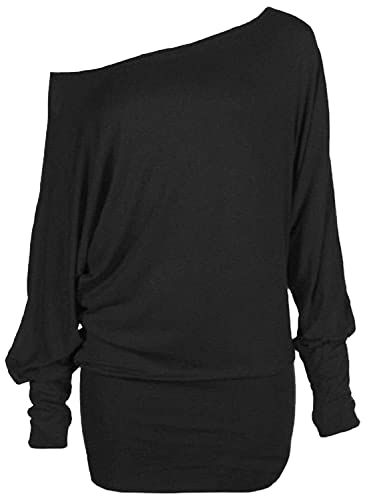 FASHION FAIRIES Camiseta holgada de manga larga con hombros descubiertos para mujer, lisa, estampada, informal, para invierno, holgada, con hombros descubiertos, cuello ajustado, tallas 36 a 56, Negro