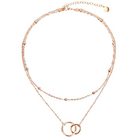 BaubleStar Women's necklace with double circle pendants, delicate multi-row choker necklace with 2 stainless steel circles, Stainless Steel Cover
