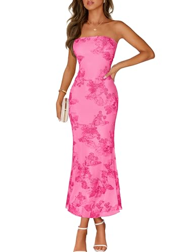 MEROKEETY Women's Floral Wedding Guest Cocktail Maxi Dress, Hotpink, L