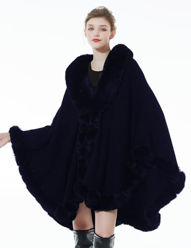 Women Faux Fur Shawl Wrap Winter Cape Poncho with Fur Trim Sleeveless Cardigan Dressy Cloak Coat2
