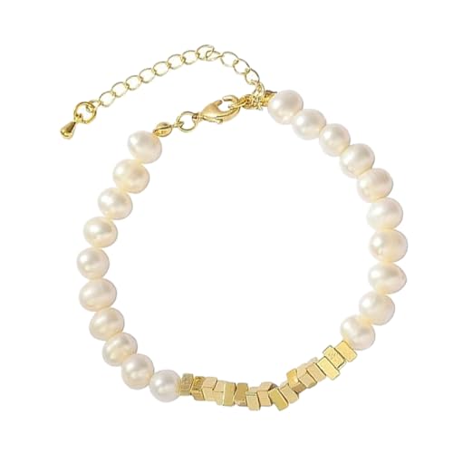 YUVKIN Pulsera para Mujer, Brazalete de Perlas Doradas con Colgante de Corazón, Acero Inoxidable Chapado en Oro de 14K, Joyería Elegante para Uso Diario y Regalo Creativo para Mujeres (Oro)