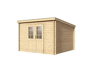 Woodtex Holz Gartenhaus Blockbohlenhaus CA2975 | Wandstärke 28 mm | Naturbelassen | B x T x H: 298 x 309 x 203 cm | Doppeltür Mit Echtglas