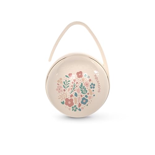 Suavinex, Portaciuccio per bebè, per trasportare 2 ciucci separati, con manico per appenderlo alla borsa, al passeggino, alla culla, scatola portaciuccio, custodia per ciucci, Wonder Fiori Beige
