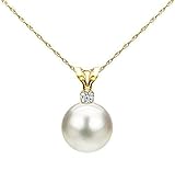 14K Yellow Gold 1/100 Ct Diamond & White 7-7.5mm Freshwater Cultured Pearl Pendant Necklace (G-H, SI1-SI2), 18'