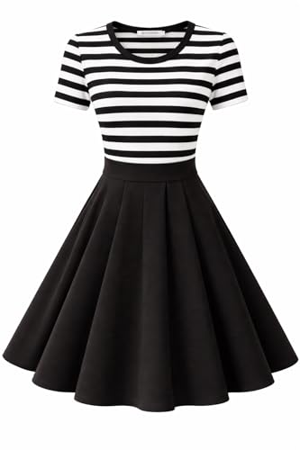 Image of BI.TENCON Women's Striped Pleated Casual A-Line Dresses Knee Length with Pockets