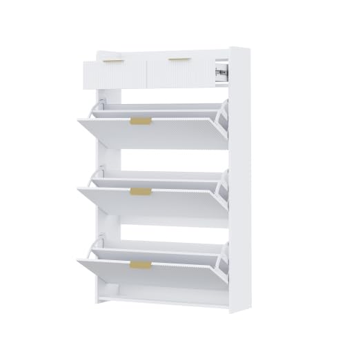 Scarpiera 80 cm bianco, 3 ribaltabili, 2 cassetti, design moderno