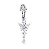 POYAMUSE Butterfly Heart Fake Belly Ring for Women, Faux Belly Piercing Jewelry - Fake Belly Button Piercing - Clip On Belly Button Rings Non Piercing Jewelry for Women - Butterfly&Silver