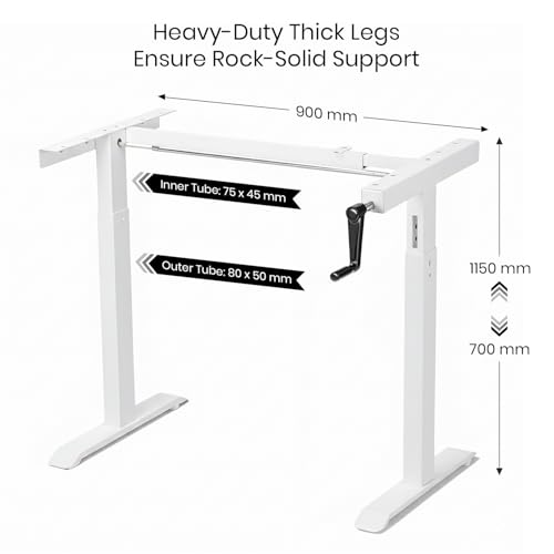 Image of Manual Hand Crank Standing Desk Frame | Non Electric Height Adjustable Sit-Stand Table No Power Required | Silent Operation, Heavy-Duty Steel| 3-Year Warranty | White Frame Only No Tabletop