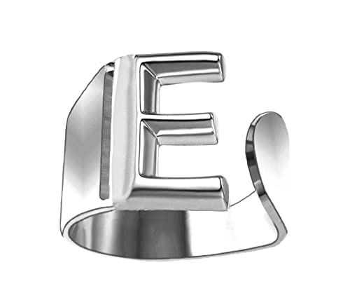 Only faith Anillos de letras iniciales acero inoxidable ajustable, Anillos abiertos de letras para mujer, joyería de moda con hermosa caja de regalo vintage. (E - PLATEADO)