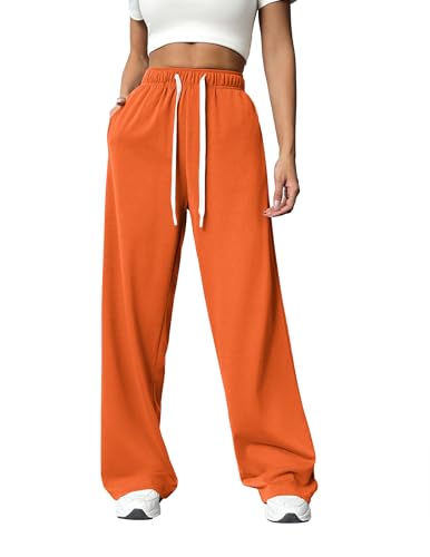 PINSPARK Wide Leg Sweat Pants for Womens High Waisted Baggy Sweatpants Casual Drawstring Workout Pants with Pockets Medium Orange