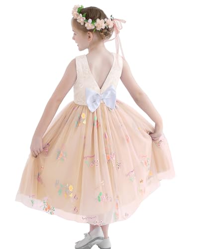 DeeFant Flower Girl Dress for Wedding Toddler Tulle Embroidered Lace V-Back Formal Birthday Party Dresses with Headband (Apricot,4-5T) — view 3