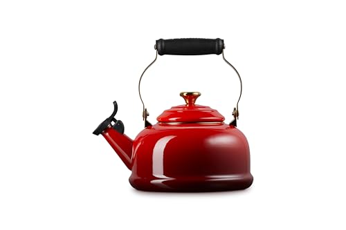 Image of Le Creuset Enamel On Steel Whistling Tea Kettle, 1.7 qt., Cerise /Gold