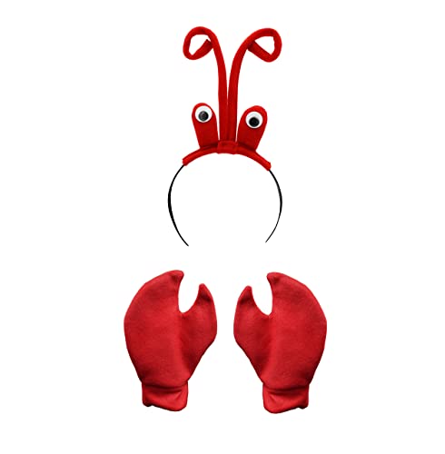 Nicky Bigs Novelties Lobster Antenna Headpiece With Eyeballs, Crab Claws Gloves Headband Mitt Kit - Crawfish Costume Accessories Set Red, One Size
