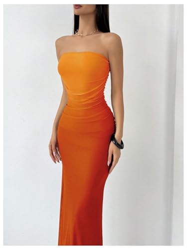 GORGLITTER Women's Mesh Strapless Ruched Bodycon Maxi Dress Wedding Guest Prom Cocktail Summer Y2k Long Tube Dresses3