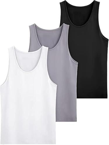 ZRWASKA® Mens Vest Tops Summer Multipack - Sleeve-Less Plain Undershirts Out Door Summer Top Everyday Athletic wear Workout Shirts, Men's Cotton Vests Tank Tops White Black Grey (Pack 3) Size XL